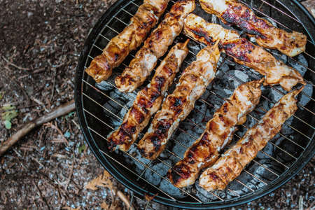 Summer grilling food, sausage, vegetables and kebab meat on barbecue grill over smoke and hot charcoalの写真素材
