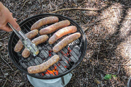 Hot BBQ Grill With Ribs, Bratwurst And Sausages, Close Up, Top View. Green Lawn In The Background. Outdoor Party or Picnic Concept.の写真素材
