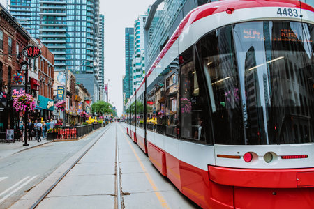 TORONTO, ONTARIO Canada- August 29, 2019: TTC Close view os a streetcar in downtown Toronto's entertainment district. New tram on streets of Torontoのeditorial素材