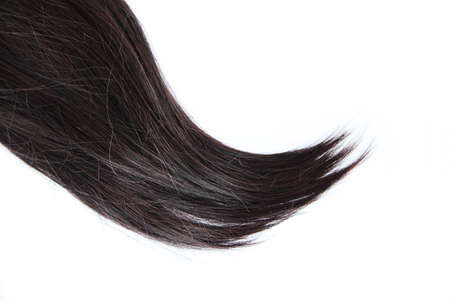 Black hair isolated on white background. Brunette natural hair extension on white backgroundの写真素材