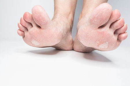Close-up view female sore skin of feet, dry heels isolated on a white backgroundの写真素材