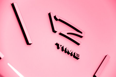 Color of year 2023 Viva Magenta. Image with big clocks is toned in color of viva magenta. New Fashion colour. Top view. Abstract time view. Lost time conceptの写真素材