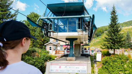 Sightseeing views by cable car at Mont Tremblant ski Resort in summer. Ski resort village view from...