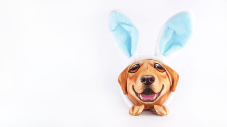 Happy Golden retriever dog toy dressed with blue bunny ears. Funny plush toy easter holiday on white background. Easter conceptの写真素材
