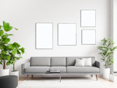 Four frames mockup for artwork or print on white wall with grey couch eucalyptus green plants in vase, copy space. Interior design. Generative Aiの素材