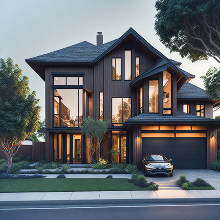 Newly constructed homes under a bright sky. Ultra modern, minimalistic, stylish house in brown. A close up of a brand new structure with dark solar panels. Generative Aiの素材