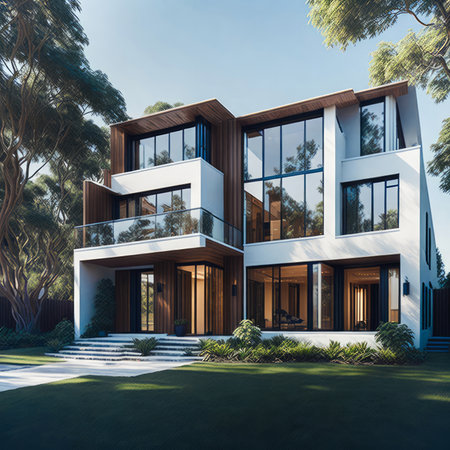 Newly constructed contemporary home under a bright sky. Ultra modern, minimalistic, stylish house in white and brown. A close up of a brand new structure with dark solar panels. Generative Aiの素材