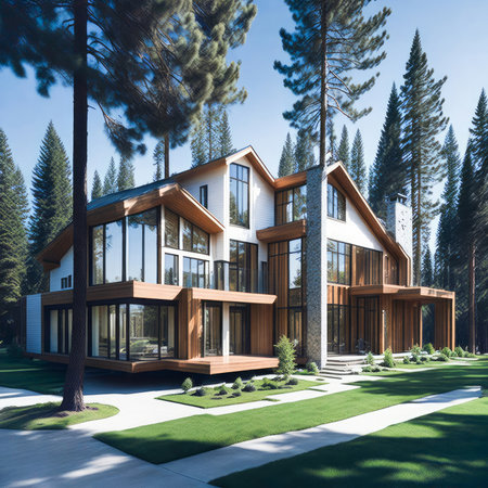 Newly constructed contemporary home under a bright sky. Ultra modern, minimalistic, stylish house in white and brown. A close up of a brand new structure with dark solar panels. Generative Aiの素材