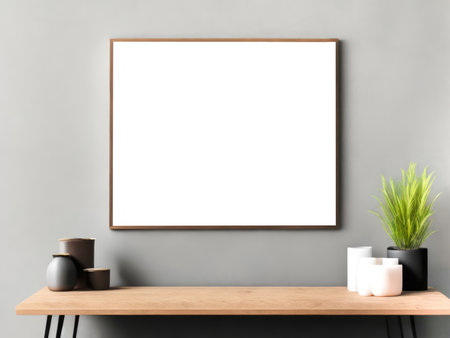Empty wooden picture frame mockup. Golden vase with plant on wooden table. Grey wall background. Elegant working space. Scandinavian interior design. Home office concept. Generative Aiの素材