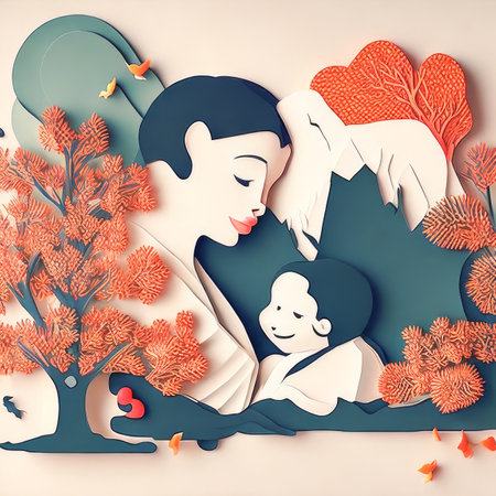 Abstract illustration of mother and baby hugging each other, paper cut style. Happy childhood, mother's day, copy space. Concept mothers love, relationships between mother and child. Generative ai.の素材