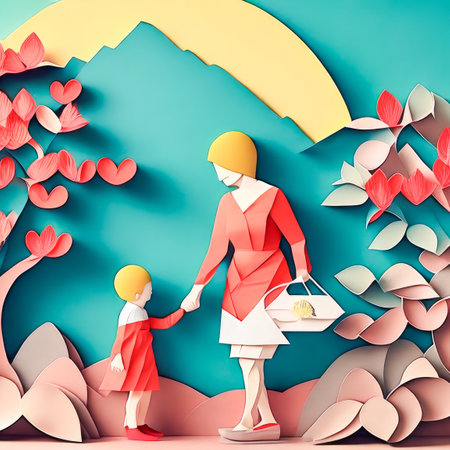 Abstract illustration of mother and baby hugging each other, paper cut style. Happy childhood, mother's day, copy space. Concept mothers love, relationships between mother and child. Generative ai.の素材