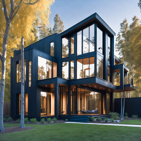 Newly constructed contemporary home with maple fall trees under blue sky. Ultra modern, minimalistic, stylish house in black. A close up of a brand new structure. Generative Aiの素材