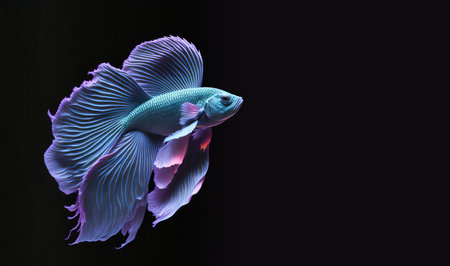 Beautiful colorful blue and purple fantasy beta fish on black background. Aquarium tropical fish. Space for textの素材