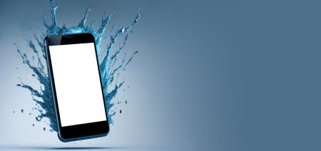 Realistic smartphone with water splashes behind blank screen mockup on blue background. Mobile phone template. Space for text. Generative Ai.の素材