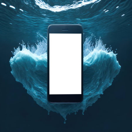 Realistic smartphone under water in ocean blank screen mockup on blue background. Mobile phone template. Space for text. Generative Ai.の素材