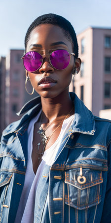 Charming black woman in pink sunglasses wearing stylish denim jacket looking at the camera standing on a blurred city background. Hipster girl. Vertical. Generative Aiの素材