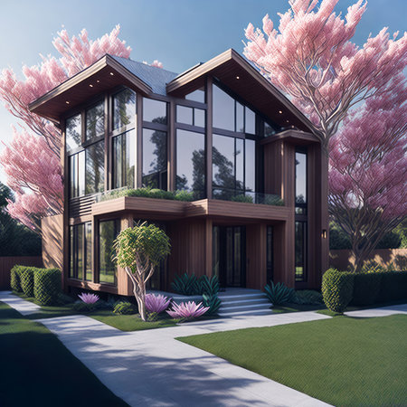 Newly constructed contemporary home bright sky with magnolia trees. Ultra modern, minimalistic, stylish house in brown. A close up of a brand new structure. Generative Aiの素材