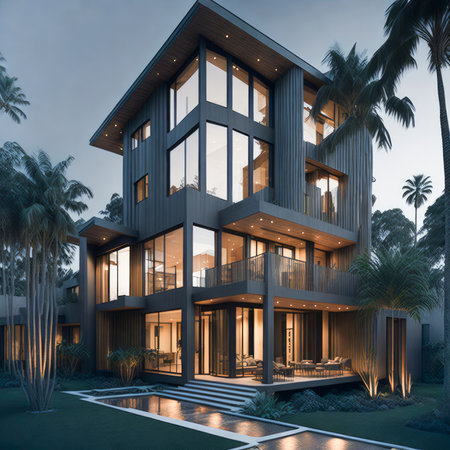 Newly constructed contemporary home with palm trees under blue sky. Ultra modern, minimalistic, stylish house in black. A close up of a brand new structure. Generative Aiの素材