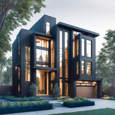 Newly constructed contemporary home with maple trees under blue sky. Ultra modern, minimalistic, stylish house in black. A close up of a brand new structure. Generative Aiの素材