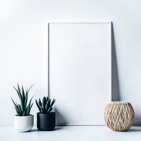 Empty wooden picture frame mockup. Golden vase with plant on white table. White wall background. Elegant working space. Scandinavian interior design. Home office concept. Generative Aiの素材