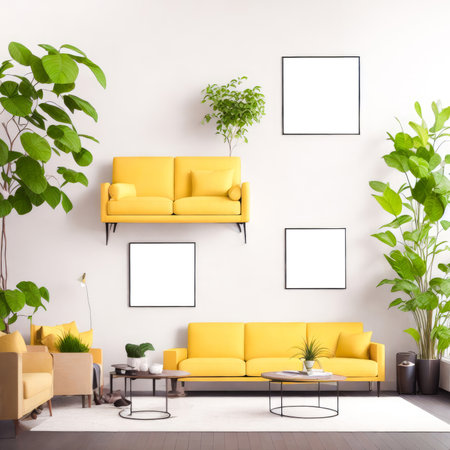 Three frames mockup for artwork or print on white wall with yellow couch eucalyptus green plants in vase, copy space. Interior design. Generative Aiの素材