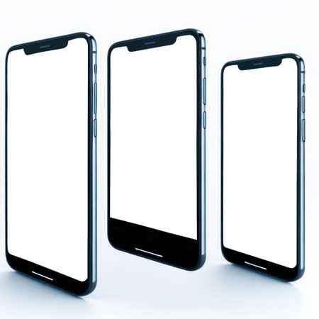 Realistic three smartphone devices blank screen mockup on red background. Mobile phone template. Space for text. Generative Ai.の素材