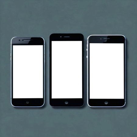 Realistic three smartphone devices blank screen mockup on red background. Mobile phone template. Space for text. Generative Ai.の素材