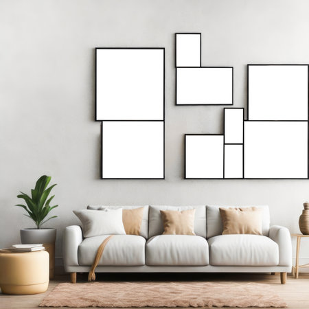 Nine blank frames mockup for artwork or print on white wall with beige couch. Scandinavian style. copy space. Interior design. Generative Aiの素材