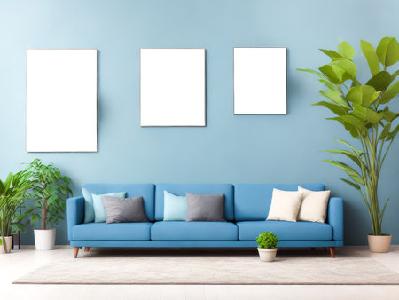Three blank frames mockup for artwork or print on white wall with blue couch eucalyptus green plants in vase, copy space. Interior design. Generative Aiの素材