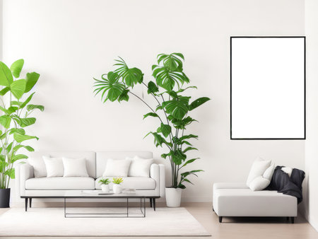 One frame mockup for artwork or print on white wall with white couch eucalyptus green plants in vase, copy space. Interior design. Generative Aiの素材