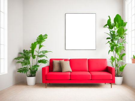 One frames mockup for artwork or print on grey wall with red couch eucalyptus green plants in vase, copy space. Interior design. Generative Aiの素材