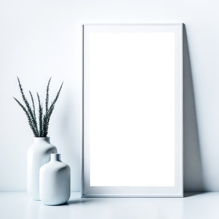 Empty wooden picture frame mockup. Golden vase with plant on white table. White wall background. Elegant working space. Scandinavian interior design. Home office concept. Generative Aiの素材