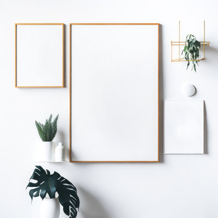 Empty wooden picture frame mockup. Golden vase with plant on white table. White wall background. Elegant working space. Scandinavian interior design. Home office concept. Generative Aiの素材