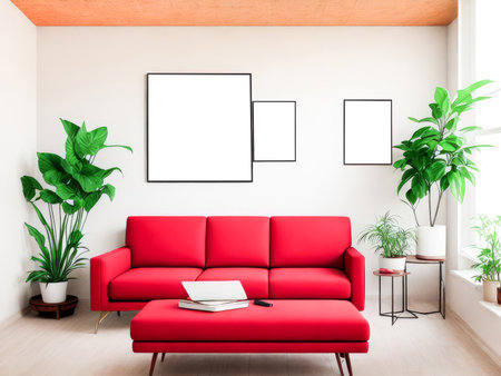 Three frames mockup for artwork or print on grey wall with red couch eucalyptus green plants in vase, copy space. Interior design. Generative Aiの素材