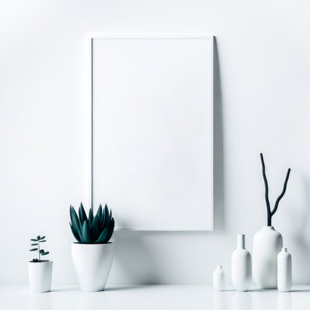 Empty wooden picture frame mockup. Golden vase with plant on white table. White wall background. Elegant working space. Scandinavian interior design. Home office concept. Generative Aiの素材