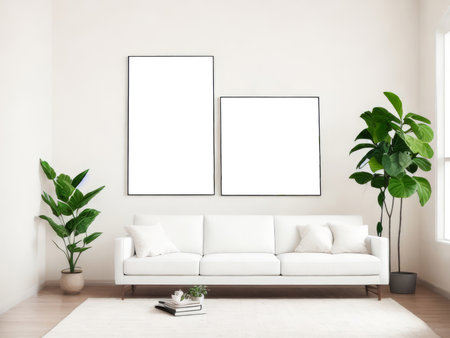 Two frames mockup for artwork or print on white wall with white couch eucalyptus green plants in vase, copy space. Interior design. Generative Aiの素材