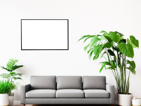 One frame mockup for artwork or print on white wall with grey couch eucalyptus green plants in vase, copy space. Interior design. Generative Aiの素材