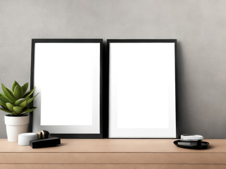 Two empty wooden picture frame mockup. Golden vase with plant on white table. White wall background. Elegant working space. Scandinavian interior design. Home office concept. Generative Aiの素材