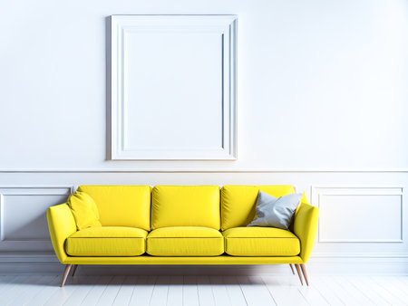 Blank frame mockup for artwork or print on white wall with yellow couch, copy space. Interior design. Generative Aiの素材