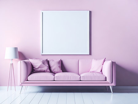 Blank frame mockup for artwork or print on pastel blue wall with blue couch, copy space. Interior design. Generative Aiの素材