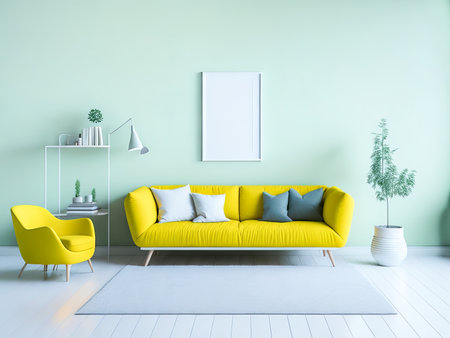 Blank frame mockup for artwork or print on pastel green wall with yellow couch, copy space. Interior design. Generative Aiの素材