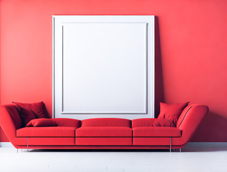 Blank frame mockup for artwork or print on pastel red wall with red couch, copy space. Interior design. Generative Aiの素材