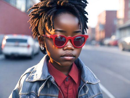 Charming black girl in red sunglasses wearing stylish denim jacket looking at the camera standing on a blurred city background. Hipster girl. Generative Aiの素材