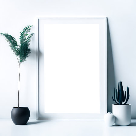Empty wooden picture frame mockup. Golden vase with plant on white table. White wall background. Elegant working space. Scandinavian interior design. Home office concept. Generative Ai.の素材
