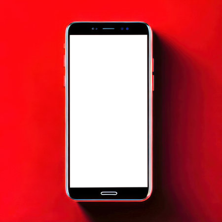 Realistic smartphone blank screen mockup on red background. Mobile phone template. Space for text. Generative Aiの素材