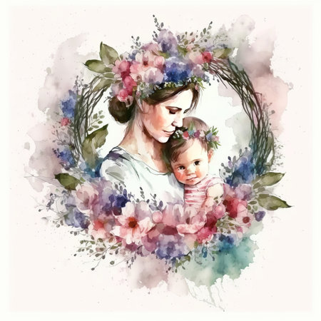 Floral watercolor illustration of mother hugging her baby, women day, happy childhood, mothers day, copy space. Concept mothers love, relationships between mother and child. Generative aiの素材
