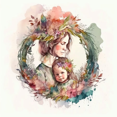 Floral watercolor illustration of mother hugging her baby, women day, happy childhood, mother's day, copy space. Concept mothers love, relationships between mother and child. Generative ai.の素材