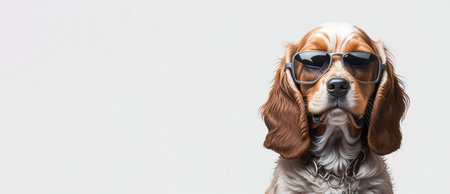 Banner of cute happy cocker spaniel puppy wearing sunglasses on white background. Space for text. Copy space. Generative Aiの素材