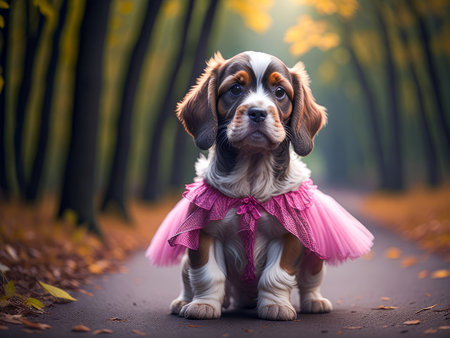 Cute cocker spaniel puppy wearing pink dress in the forest. Dog vacation relax concept. Hiking. Generative Aiの素材