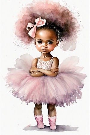 Watercolor little ballerina girl in a pink dress with a tutu skirt makes a pose on a white background. Generative ai.の素材